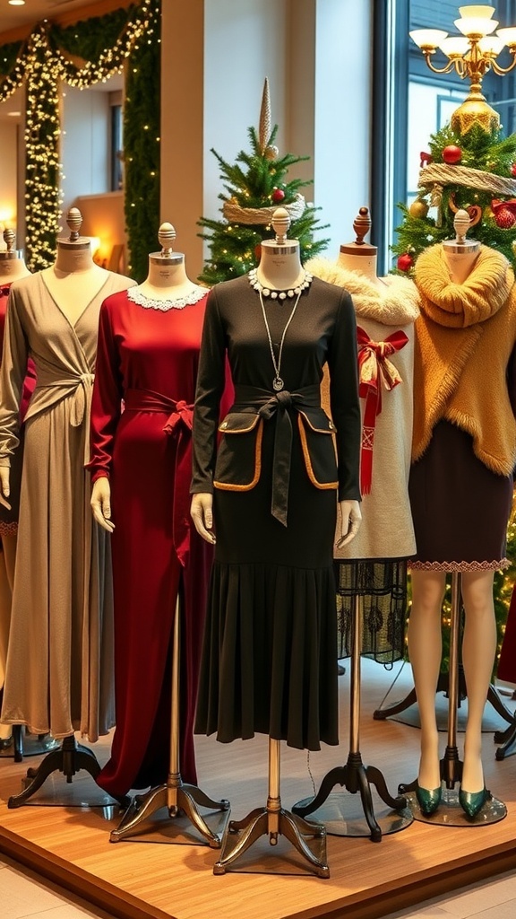 Stylish Christmas party outfits on mannequins with holiday decorations in the background.